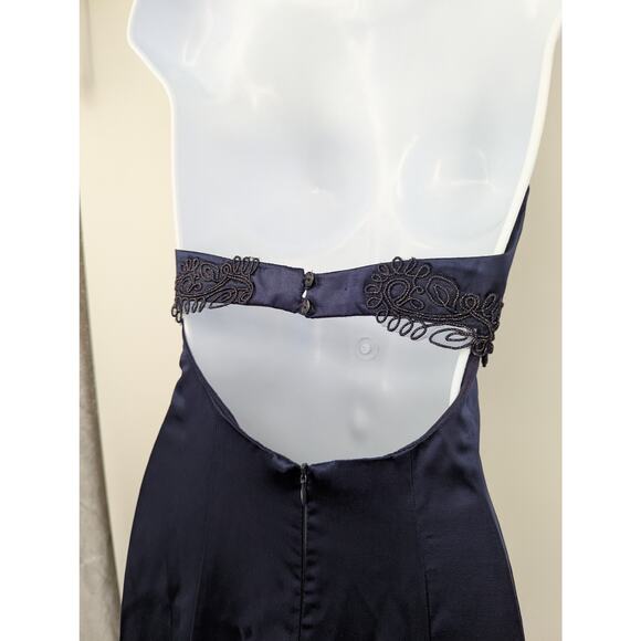 Navy Satin Beaded Halter Evening Gown Open Back Formal Maxi Dress Size 6 - Picture 6 of 9